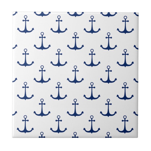 Blue Anchors on White Background Nautical Theme  Tile (Front)