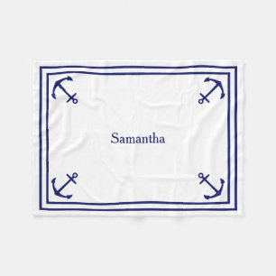 Blue Anchors on White Personalized Fleece Blanket