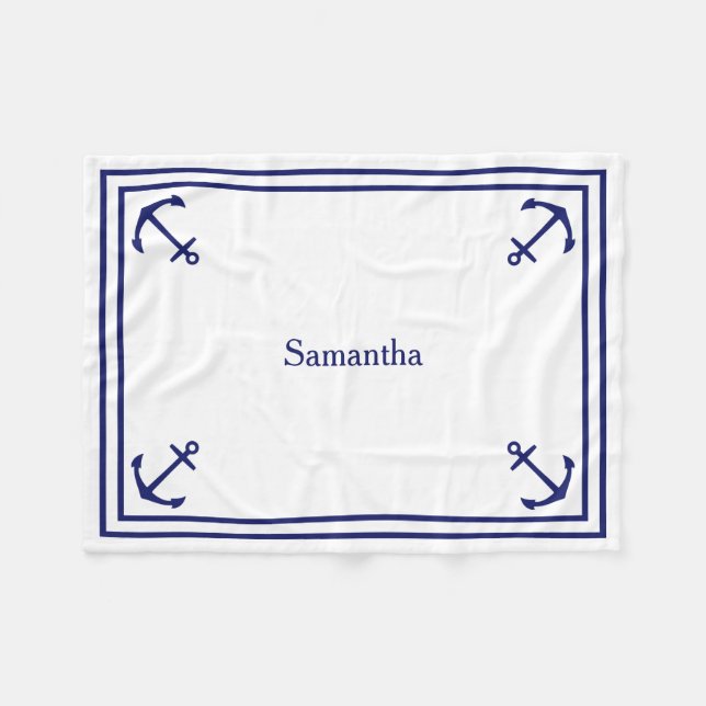 Blue Anchors on White Personalized Fleece Blanket (Front (Horizontal))