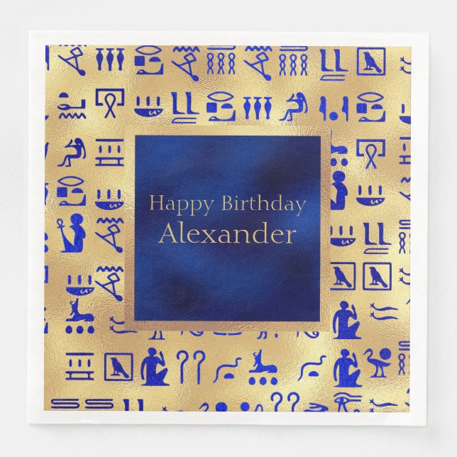 Blue Ancient Egyptian Hieroglyphics Art on Gold Napkin (Front)