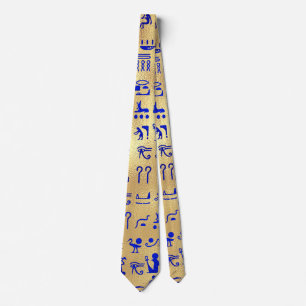 Blue Ancient Egyptian Hieroglyphics Art on Gold Tie
