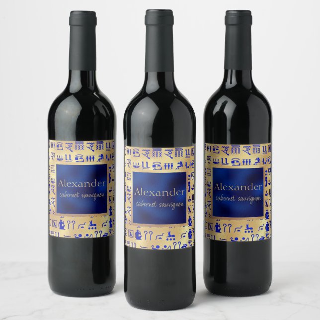 Blue Ancient Egyptian Hieroglyphics Art on Gold Wine Label (Bottles)
