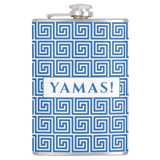 Blue Ancient Greek Key Meander Pattern Hip Flask (Front)