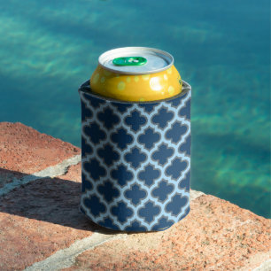 Blue and Baby Blue Trellis, Lattice, Quatrefoil Can Cooler