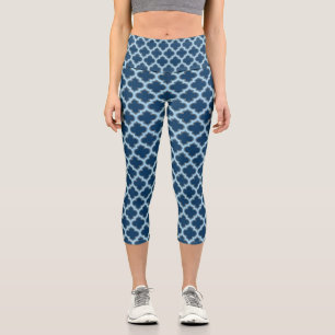 Blue and Baby Blue Trellis, Lattice, Quatrefoil Capri Leggings
