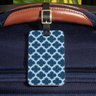 Blue and Baby Blue Trellis, Lattice, Quatrefoil Luggage Tag