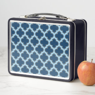 Blue and Baby Blue Trellis, Lattice, Quatrefoil Metal Lunch Box