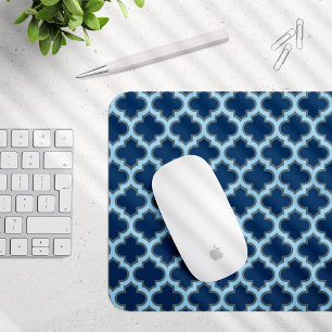 Blue and Baby Blue Trellis, Lattice, Quatrefoil Mouse Pad