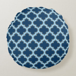 Blue and Baby Blue Trellis, Lattice, Quatrefoil Round Pillow