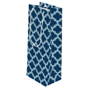 Blue and Baby Blue Trellis, Lattice, Quatrefoil Wine Gift Bag