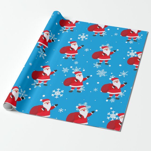 Blue and Beautiful Santa Christmas Wrapping Paper (Unrolled)