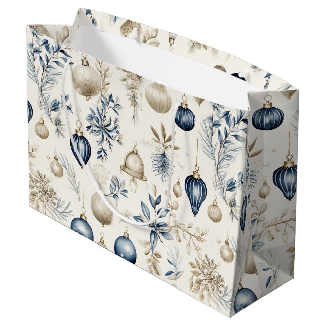 Blue and Beige Christmas Ornaments Large Gift Bag (Back Angled)