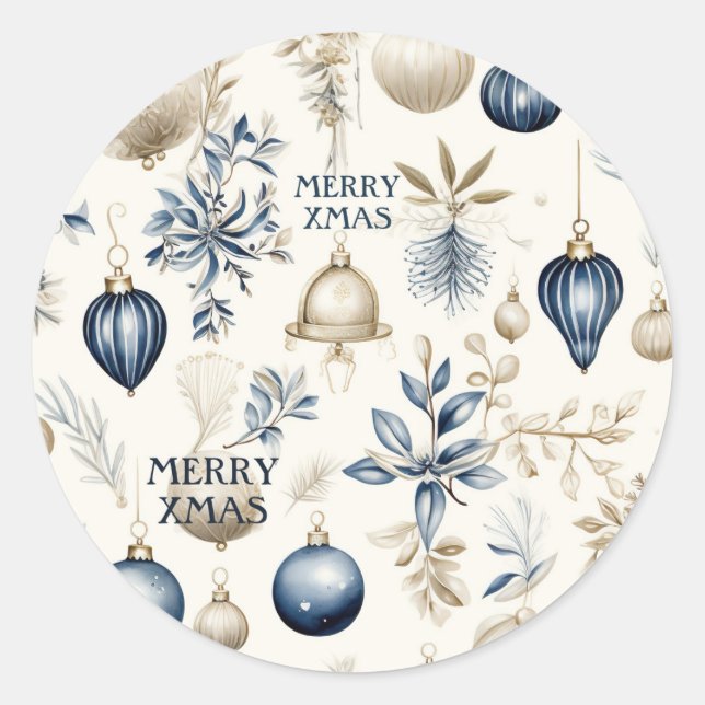 Blue and beige Christmas Ornaments Pattern Classic Round Sticker (Front)