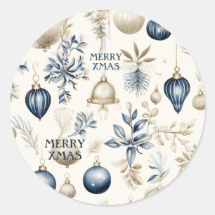 Blue and beige Christmas Ornaments Pattern Classic Round Sticker