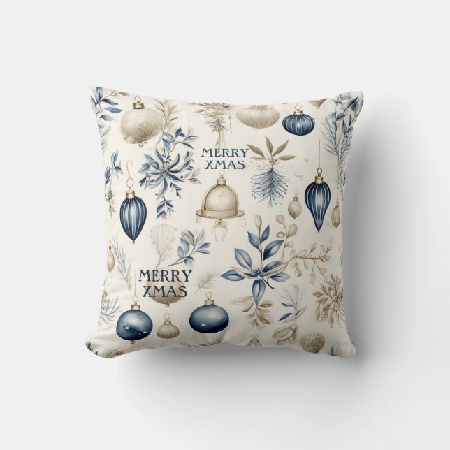 Blue and beige Christmas Ornaments Pattern Throw Pillow (Front)