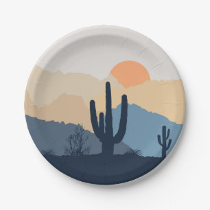 Blue and beige desert sunrise paper plate
