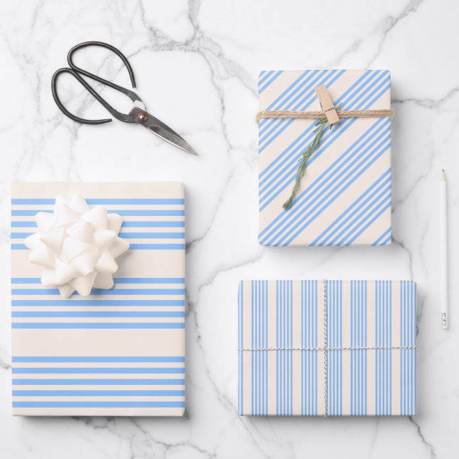Blue and beige five stripe pattern wrapping paper sheet (Front)
