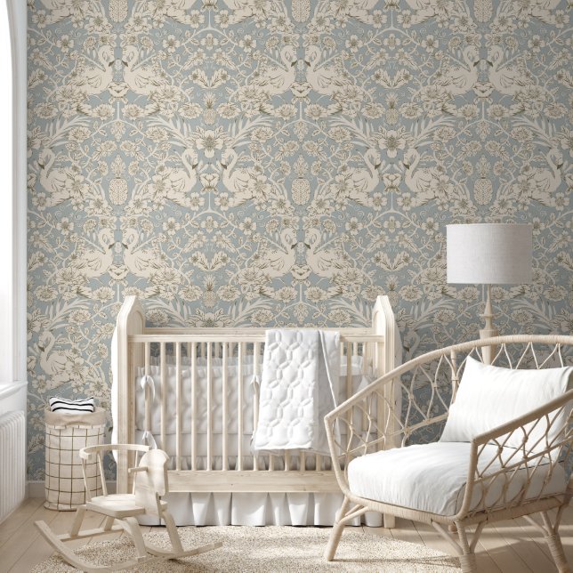 Blue and Beige Flamingo Floral Damask Wallpaper (Kids)