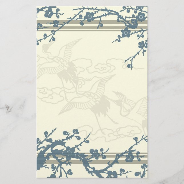 Blue and Beige Flowering Tree Stationery (Front)