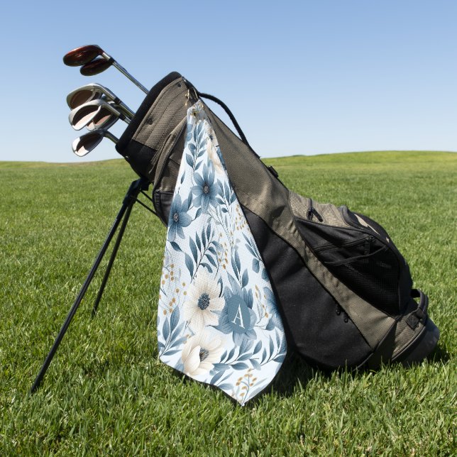 Blue and Beige Flowers Golf Towel (Green)