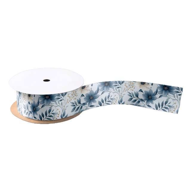 Blue and Beige Flowers Satin Ribbon (Spool)
