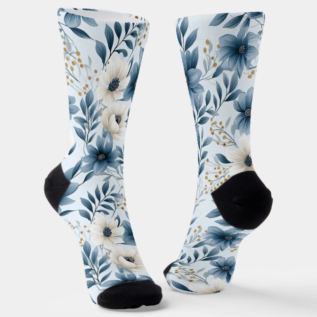 Blue and Beige Flowers Socks (Angled)