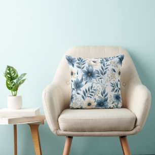 Blue and Beige Flowers Throw Pillow