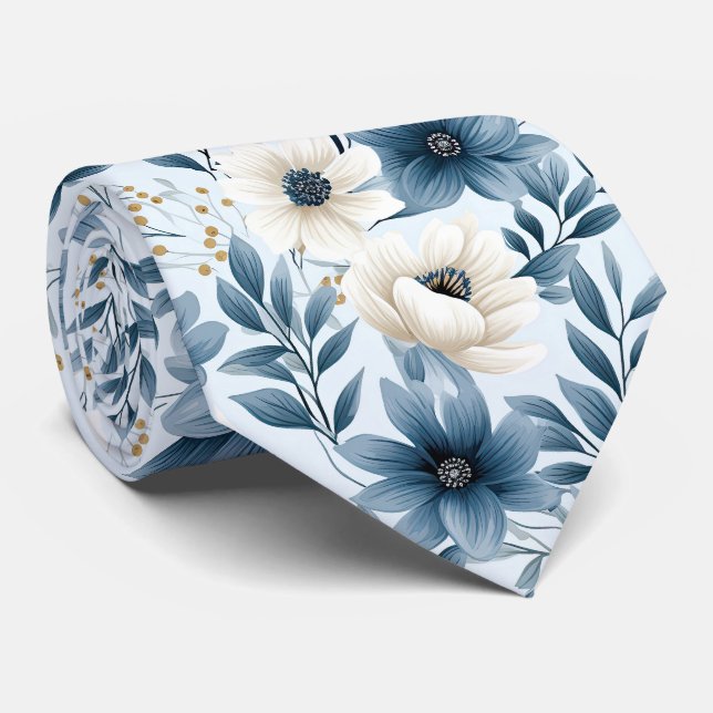 Blue and Beige Flowers Tie (Rolled)