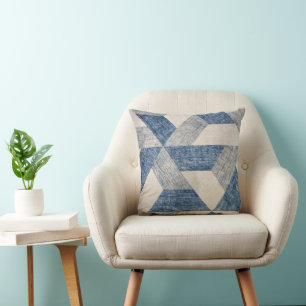 Blue and Beige Geometric Pattern Throw Pillow
