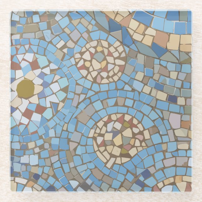 Blue And Beige Mosaic Tiles Art Pattern Glass Coaster (Front)
