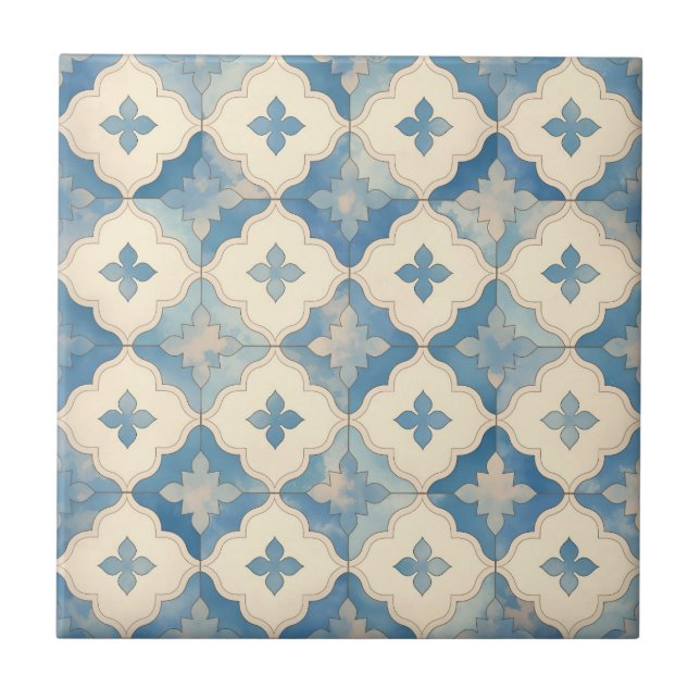 Blue and Beige Ornate Ceramic Tile (Front)