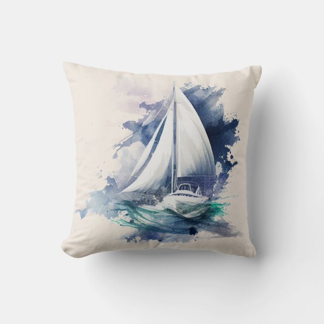 Blue and Beige Sailboat Throw Pillow (Front)