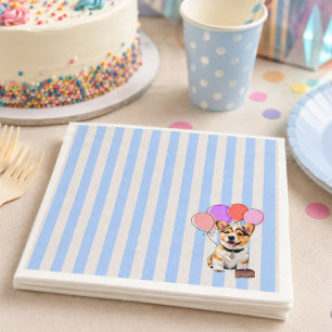 Blue And Beige Striped Corgi Birthday Party  Napkin