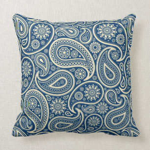 Blue And Beige Vintage Paisley Pattern Throw Pillow