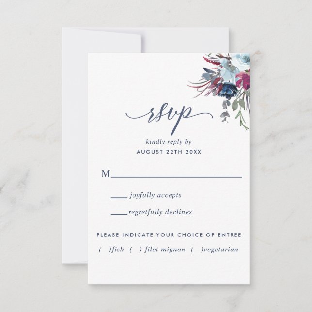 Blue and Berry Floral w/without Meal Options RSVP Card (Front)