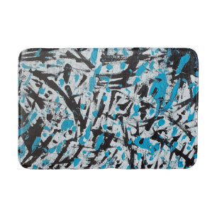 Blue and Black Brush marks Abstract Bath Mat