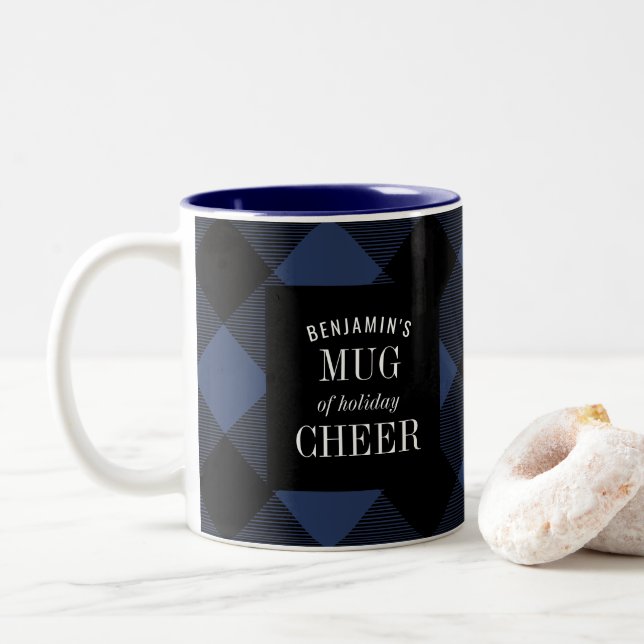 Blue and Black Buffalo Check Plaid Funny Christmas Two-Tone Coffee Mug (With Donut)