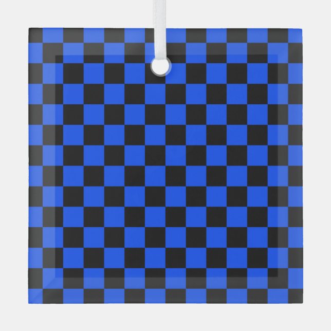 Blue and black checkerboard pattern glass ornament (Front)