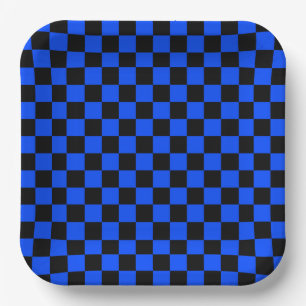 Blue and black checkerboard pattern paper plate