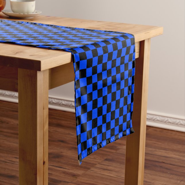 Blue and black checkerboard pattern short table runner (In Situ)