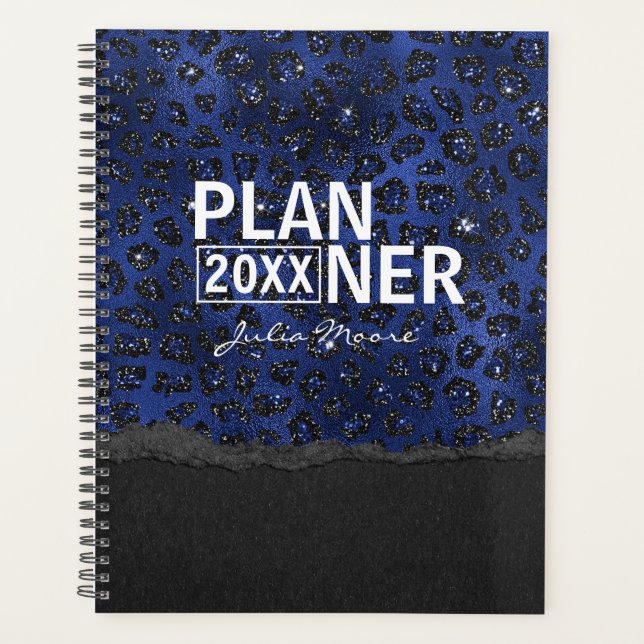 Blue And Black Cheetah Pattern Personalized Planner (Front)
