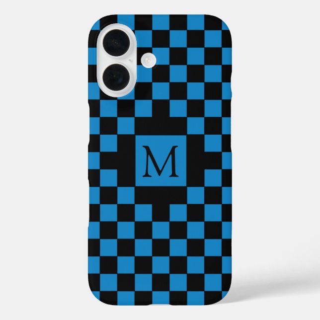 Blue and Black Chequerboard Pattern Monogram Case-Mate iPhone Case (Back)