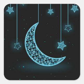 Blue and Black Crescent Moon and Stars Square Sticker