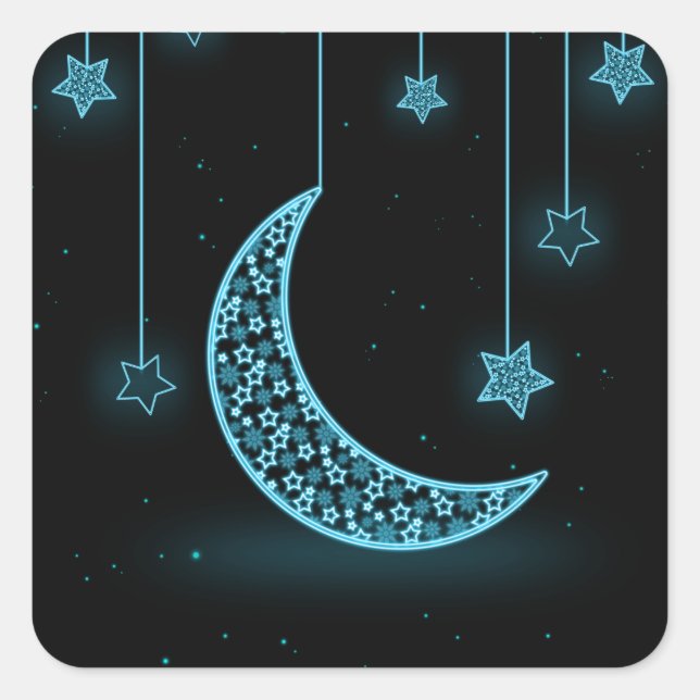 Blue and Black Crescent Moon and Stars Square Sticker (Front)