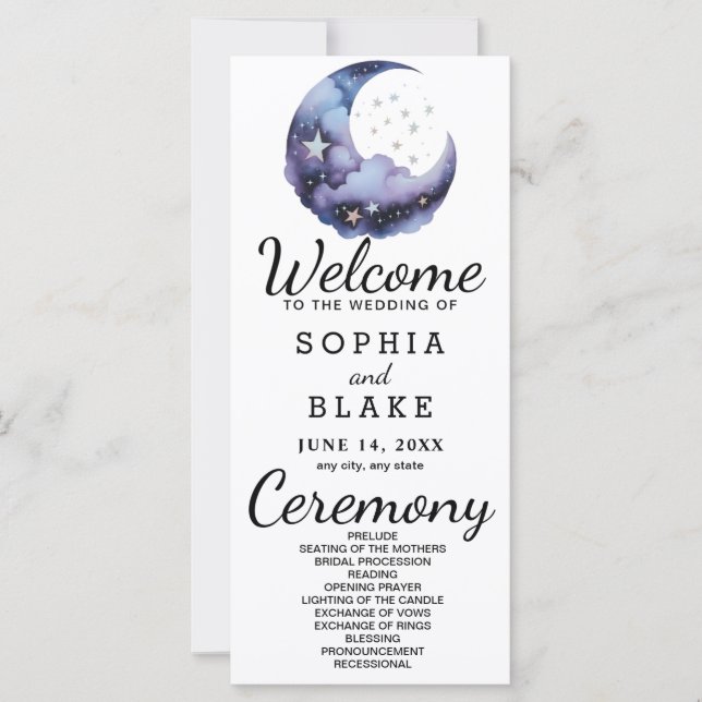 Blue and Black Crescent Moon Wedding Program (Front)