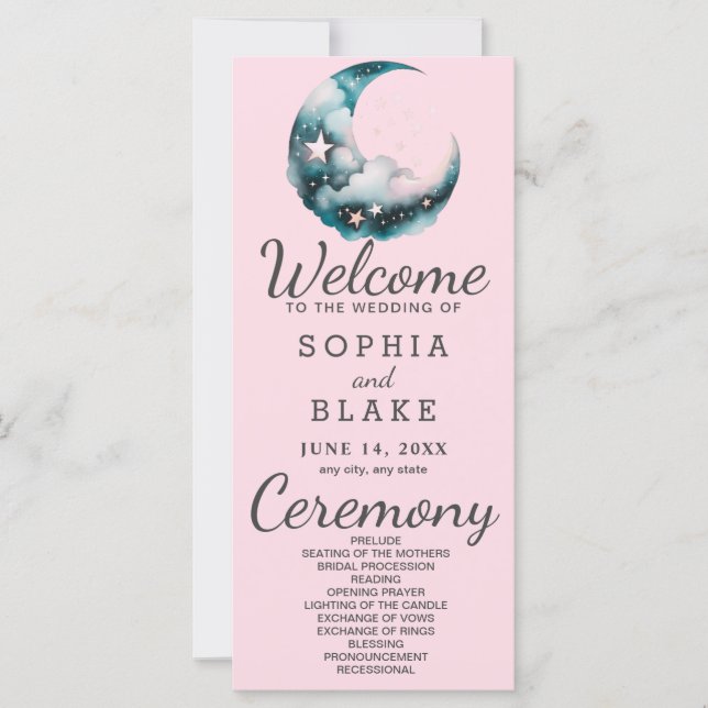 Blue and Black Crescent Moon Wedding Program (Front)