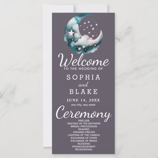 Blue and Black Crescent Moon Wedding Program (Front)