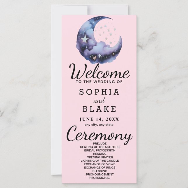 Blue and Black Crescent Moon Wedding Program (Front)