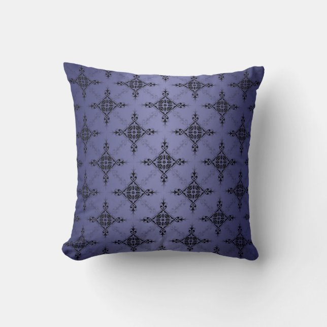 Blue and Black Damask Pattern Throw Pillow (Front)