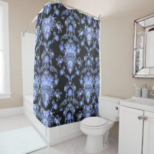 Blue and Black Damask Print Shower Curtain